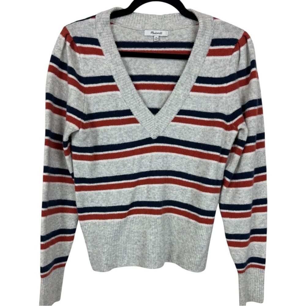 Madewell Striped Westgate V-Neck Sweater in Coziest Yarn- Size XS
